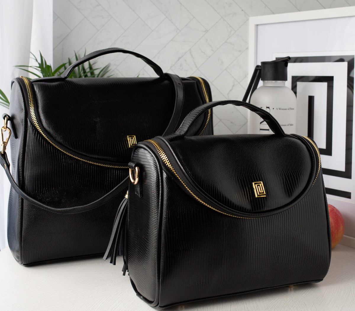 Luxury vegan leather sustainable black lizard lunch bags.