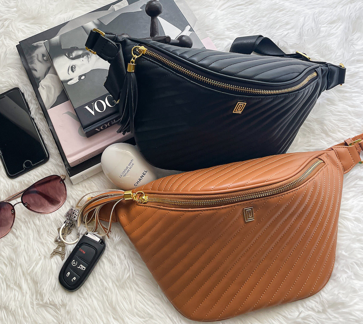 Luxury vegan leather quilted fanny packs in black and cinnamon brown colors against an editorial background.