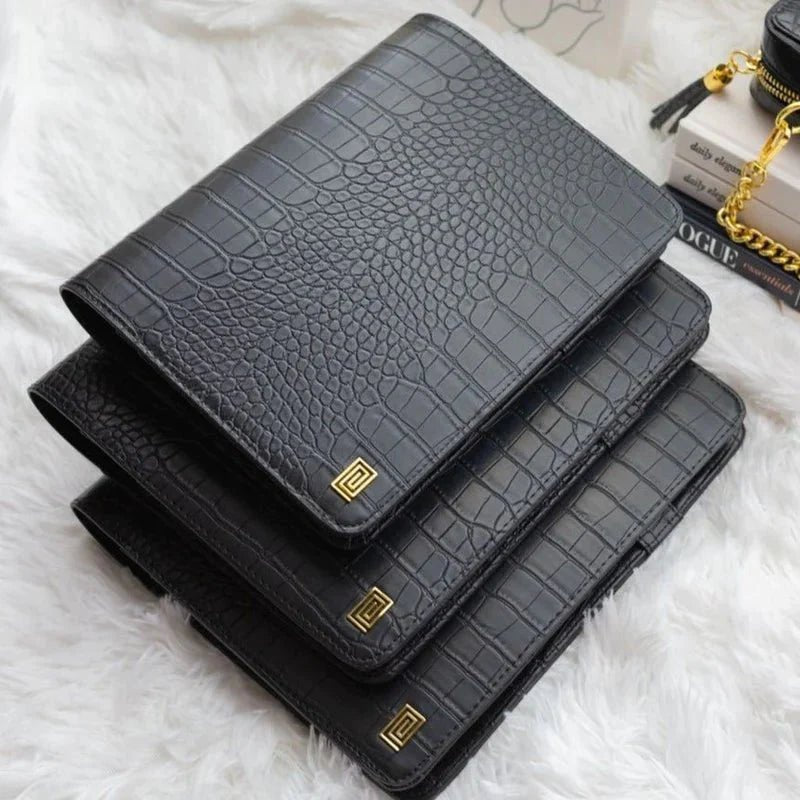 Gold on Black Croco Midi | LL3. Midi Desk Folio Ringless Agenda | Classic 9-Disc or Coil Planner Cover | NOTIQ