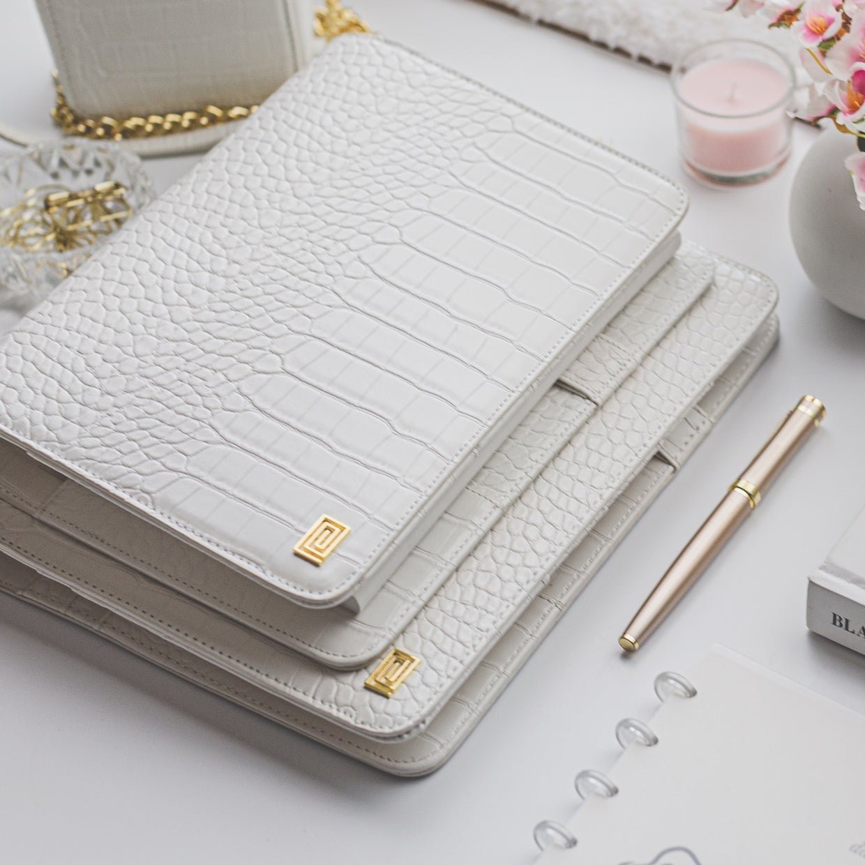 Dove White Croco Demi | MM6. Demi Desk Folio Ringless Agenda | Half Letter Planner Cover | NOTIQ