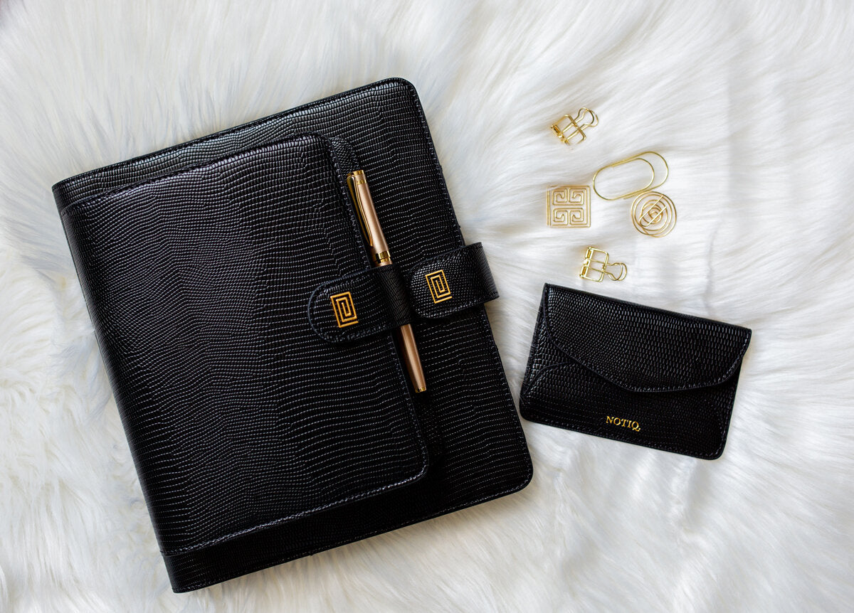 Luxury vegan leather black lizard planners and card case wallet.
