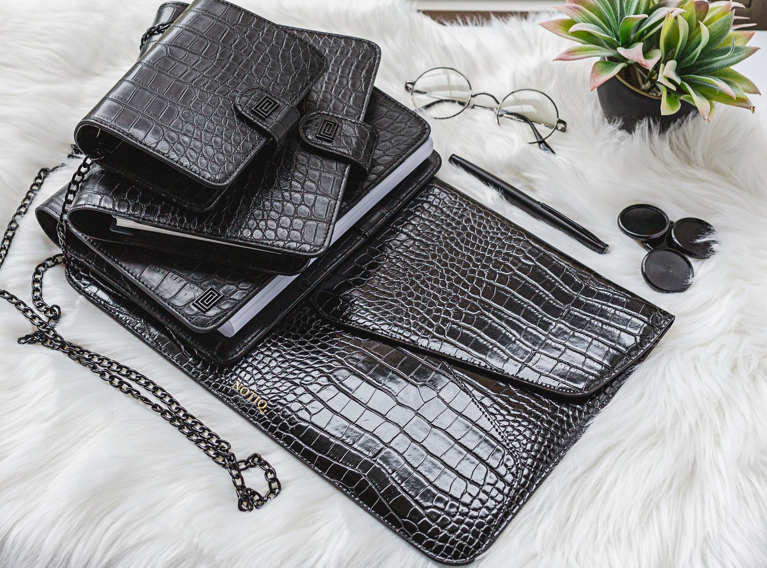 Luxury vegan leather black croco laptop case and agendas.