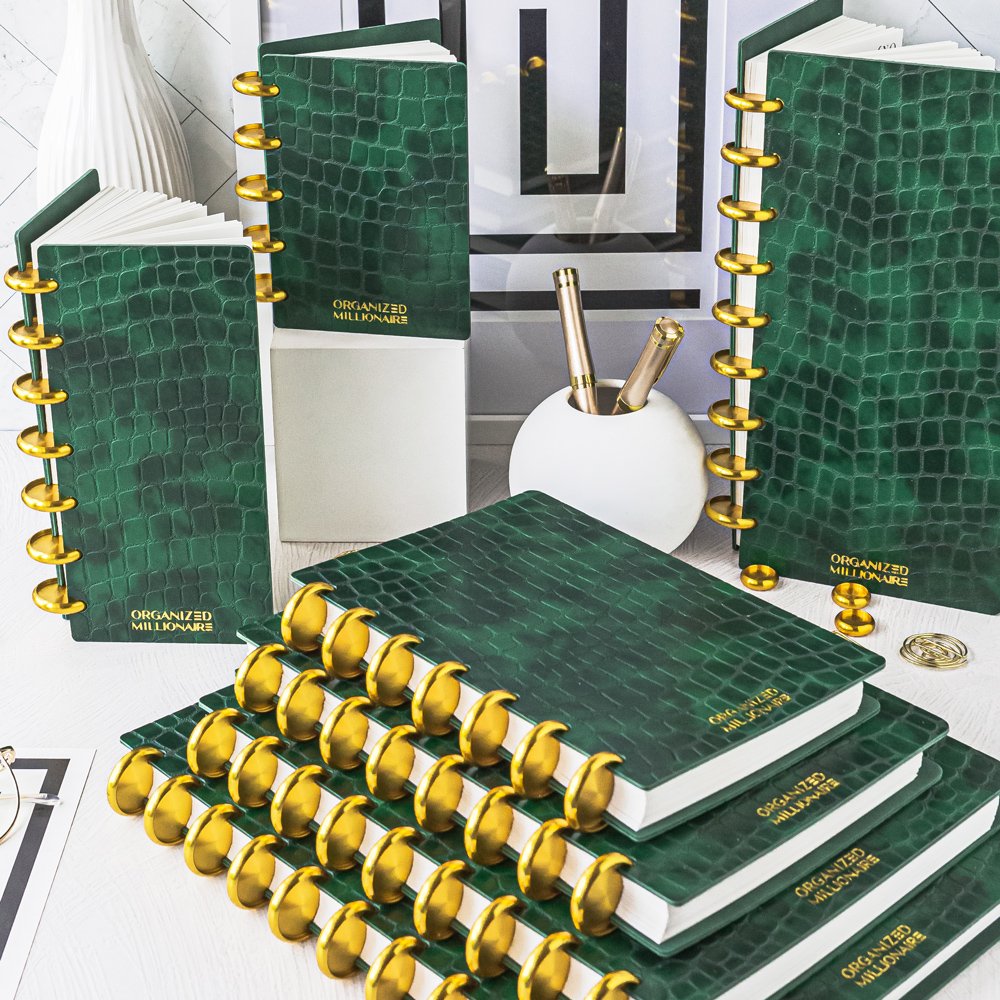 Luxury vegan leather green croco organized millionaire notebooks.