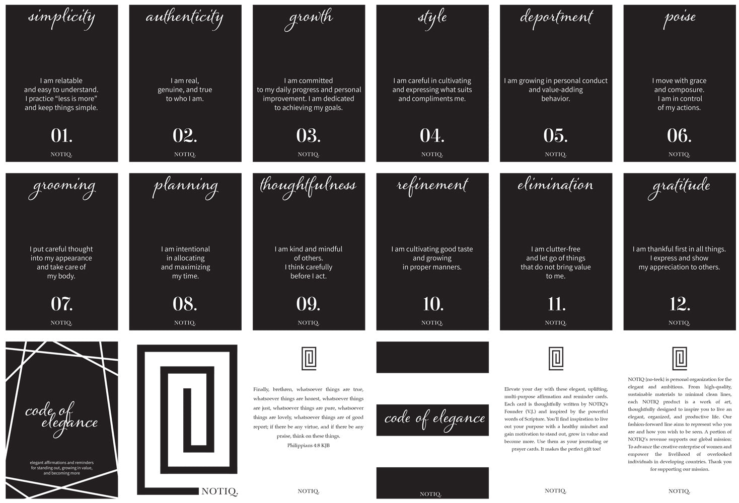 | Code of Elegance Affirmation Cards - Set of 12+ Mini Cards | NOTIQ
