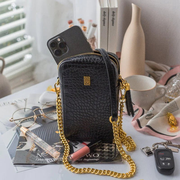 Croco Crossbody Phone Bag Gold on Black Croco