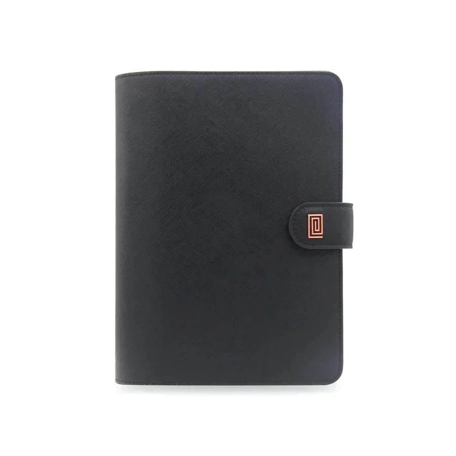 Rose Gold on Jet Black Saffiano NOMI | OUTLET | MM1. Nomi Ringless Agenda | A5 Notebook Planner Cover | Final Sale | NOTIQ