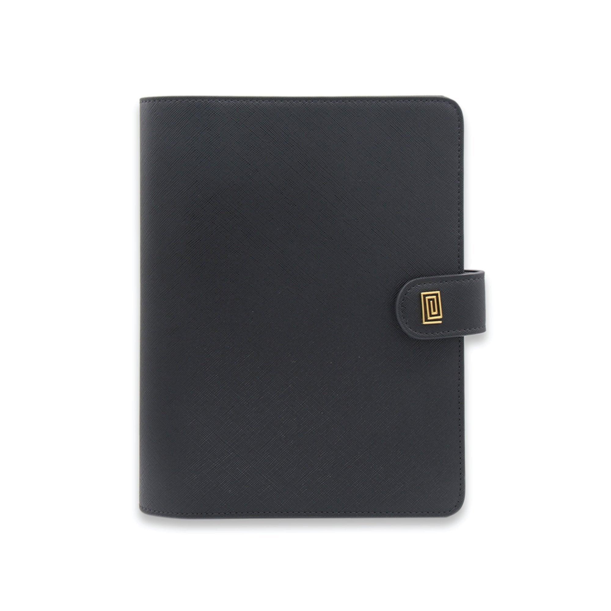 Gold on Jet Black Saffiano Letra | OUTLET | XL5. Letra Plus Ringless Agenda | Letter 11 Disc or Coil Planner Cover | Final Sale | NOTIQ
