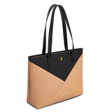 Duo Tone Structure Zip Tote Set | Handbag Tote + Matching Pouch Beige Black
