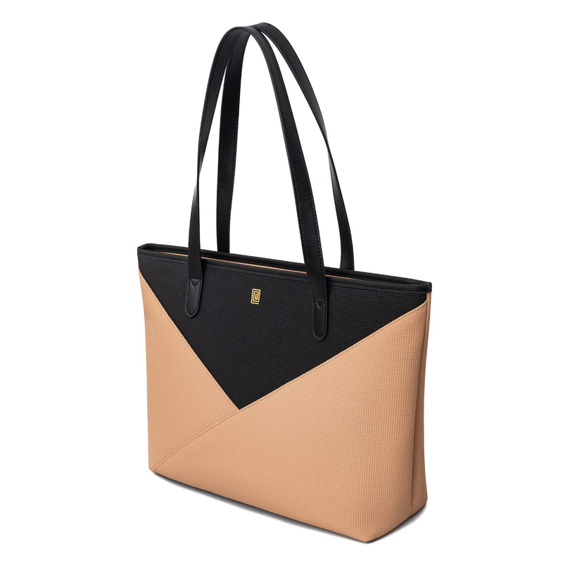 Duo Tone Structure Zip Tote Set | Handbag Tote + Matching Pouch Beige Black