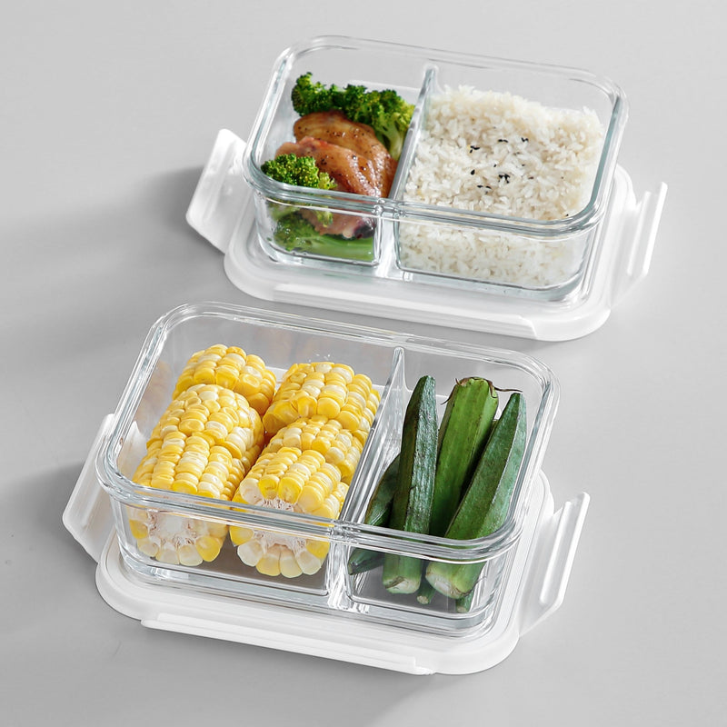 Microwavable Glass Lunch Box With Divider,lid,bag; Meal Prep Glass