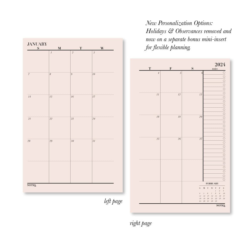 Dated Monthly Brief Calendar Planner Inserts & Refill | Sunday Start