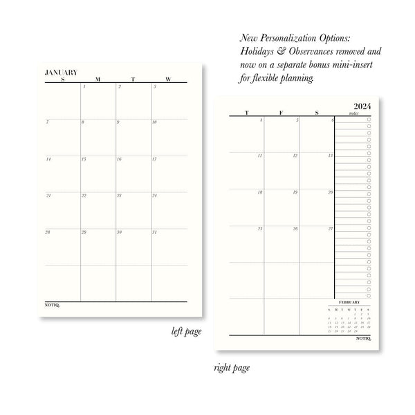2024 Monthly Brief Dated Calendar Planner Inserts & Refill | Sunday Start Pearl White