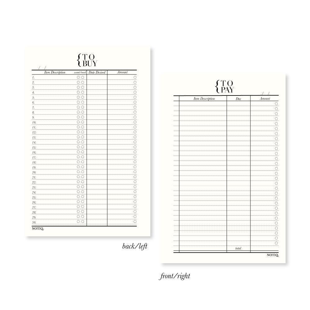 Pearl White | To Pay + To Buy Finance Planner Inserts & Refill | NOTIQ