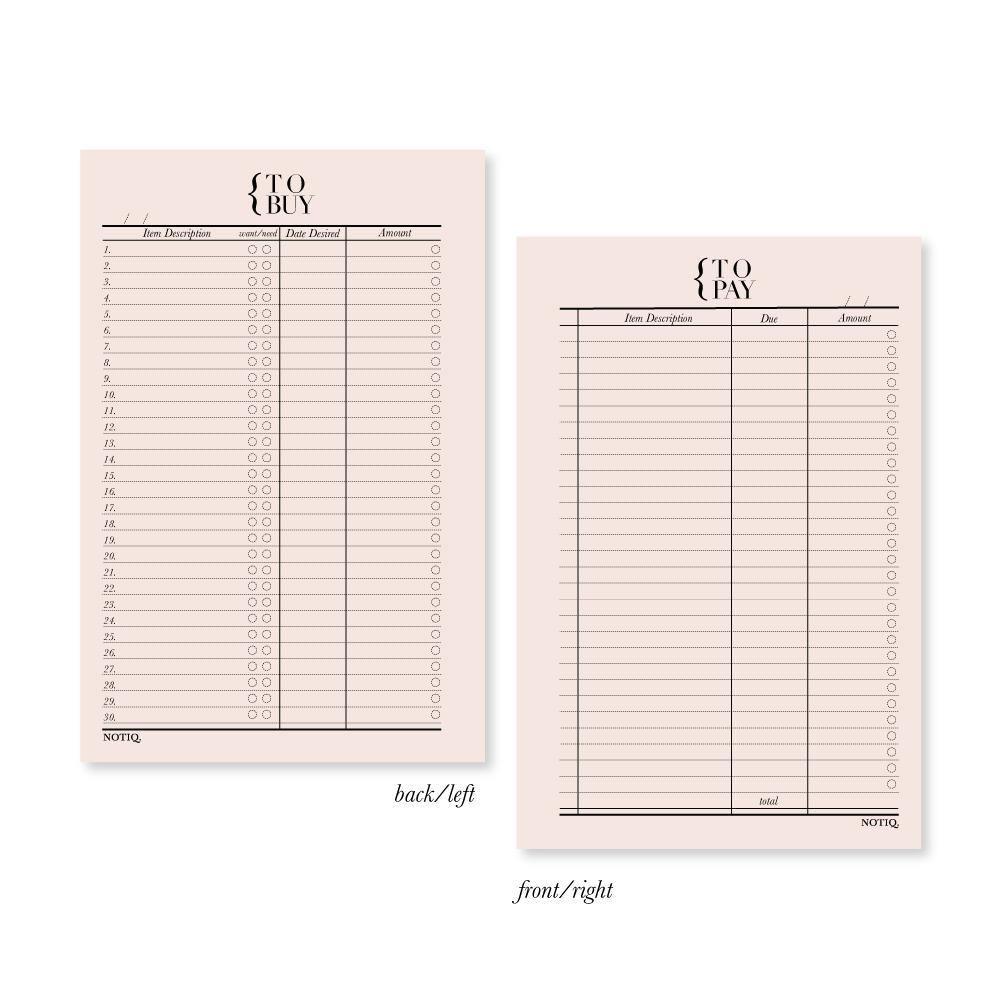 Blush Pink | To Pay + To Buy Finance Planner Inserts & Refill | NOTIQ
